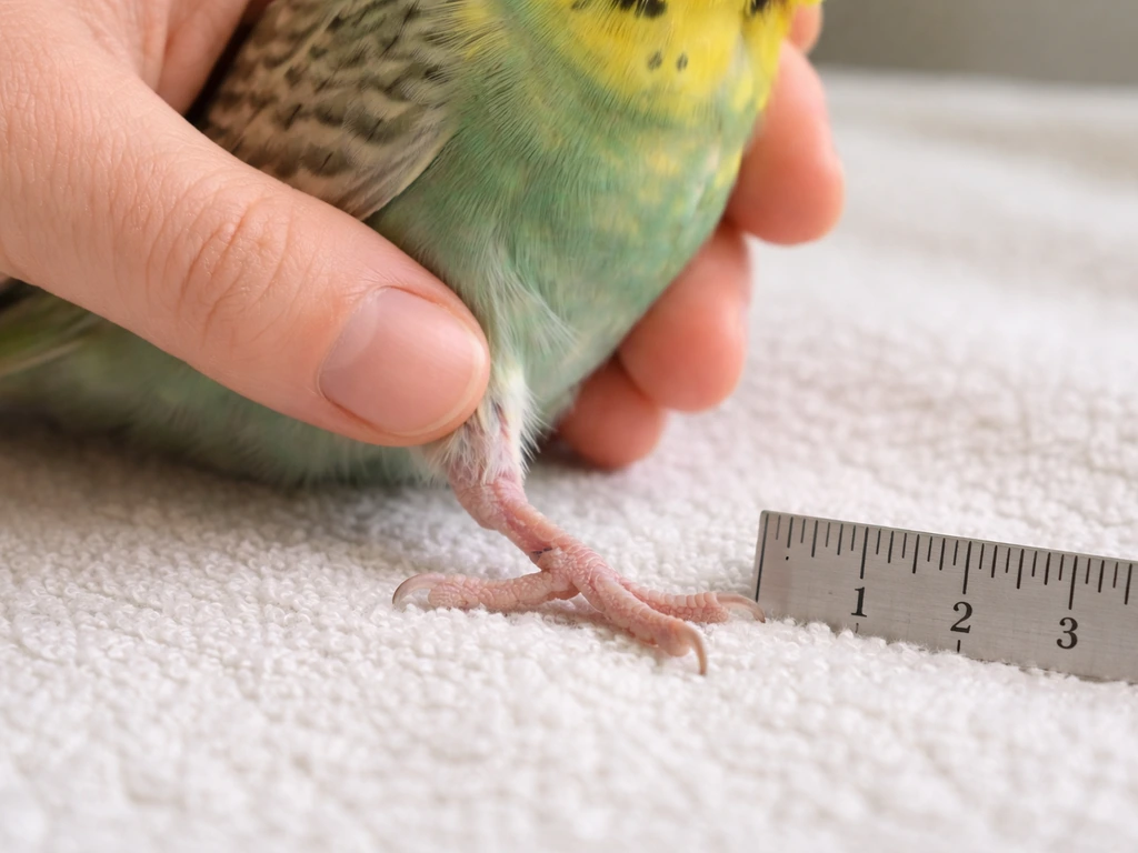 Close-up of a small bird’s injured leg held at an abnormal angle beside a ruler on a clean surface