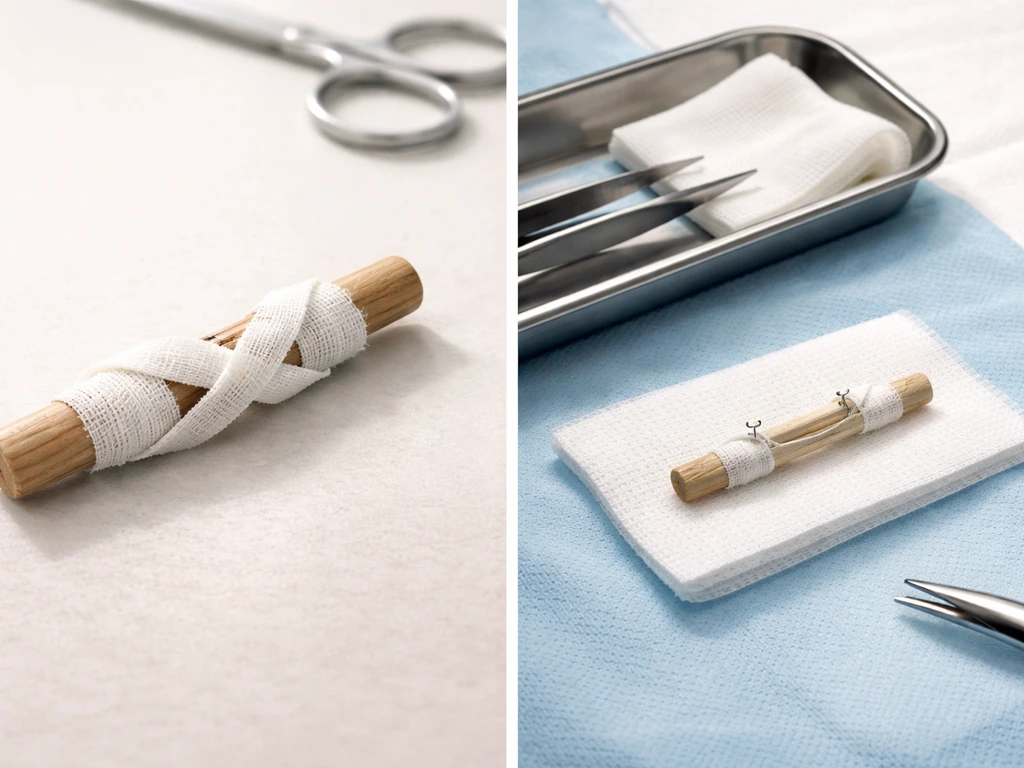 Split-screen of lightweight splint/bandage immobilization vs a sterile surgical stabilization setup with instruments.