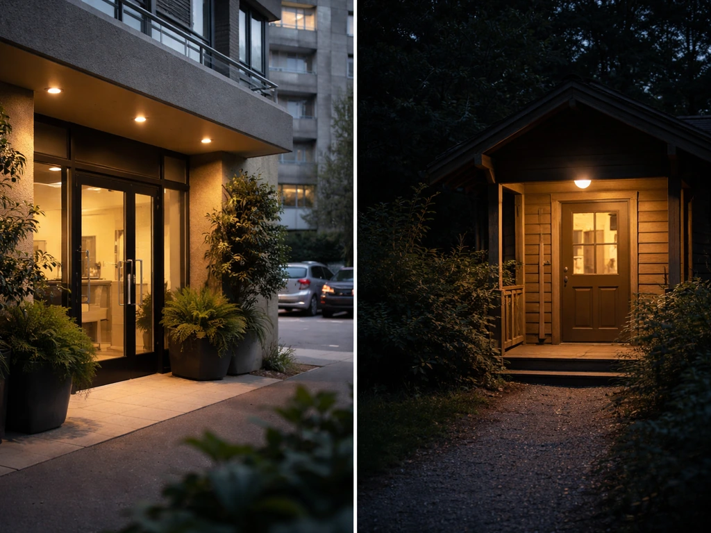 Split view of a city veterinary clinic and a quiet wildlife rehab entrance at night, conveying higher after-hours urgenc