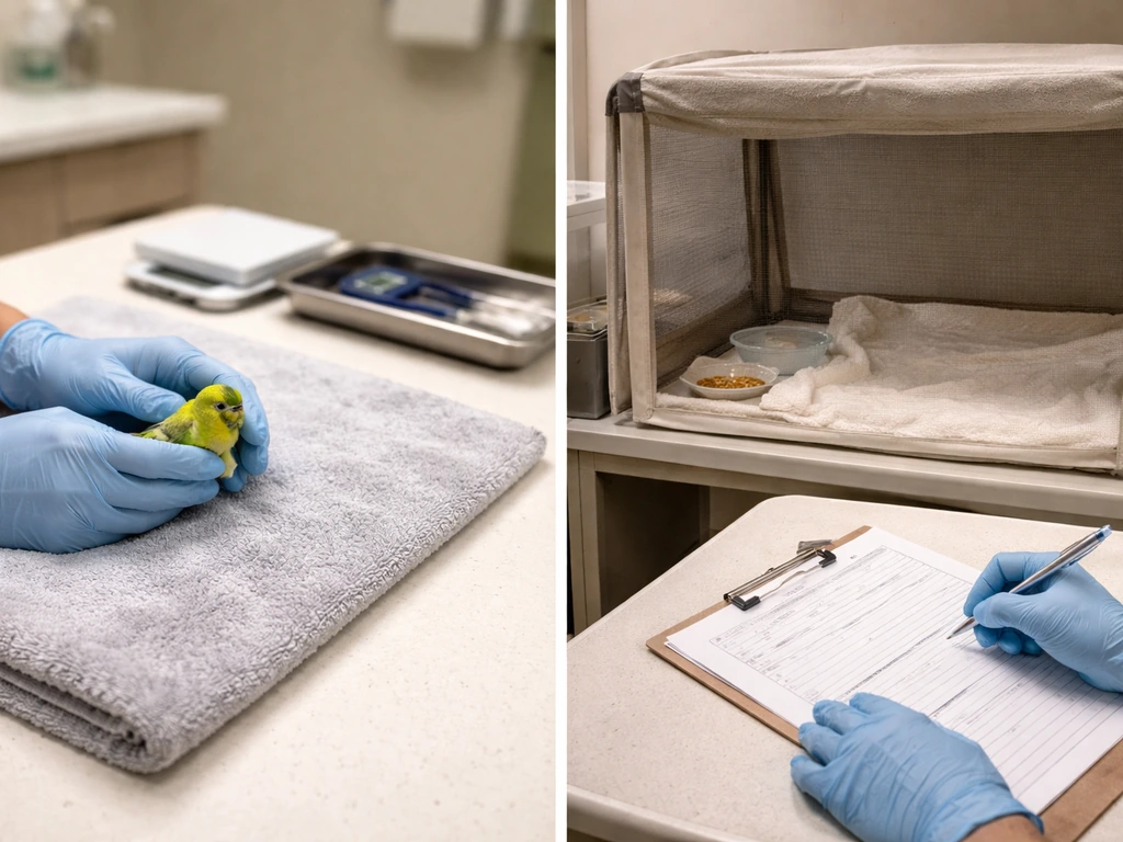 Split-view photo: avian vet exam room with gloves and scale vs wildlife rehab holding area with empty enclosure