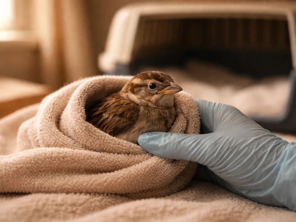 Injured bird receiving gentle first-aid support on a warm towel inside a safe carrier.