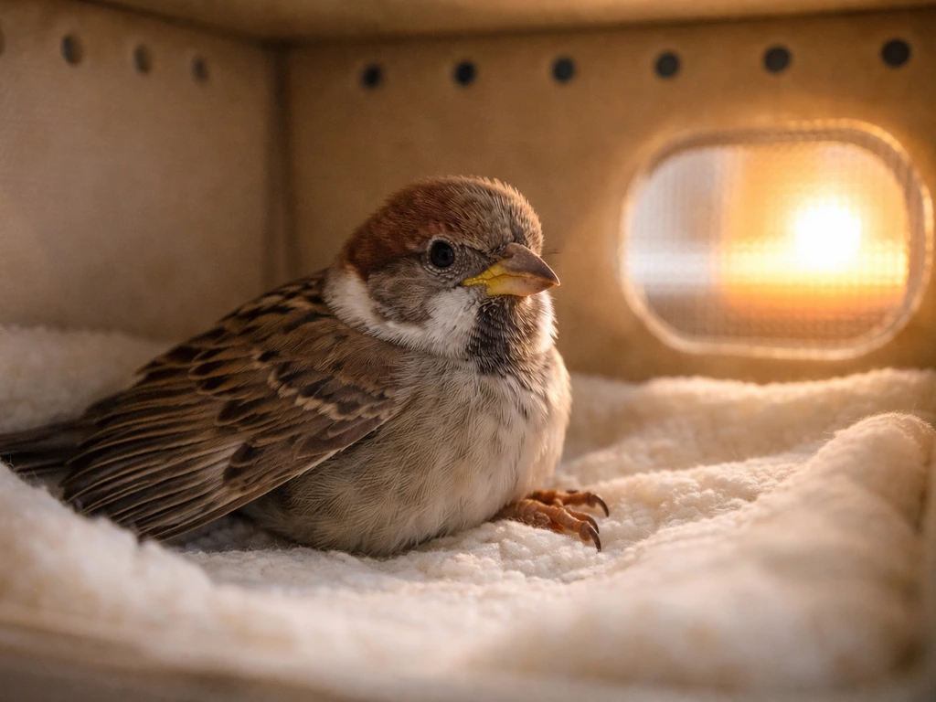 Injured small bird resting in a padded ventilated recovery box, wing gently supported, kept warm outside