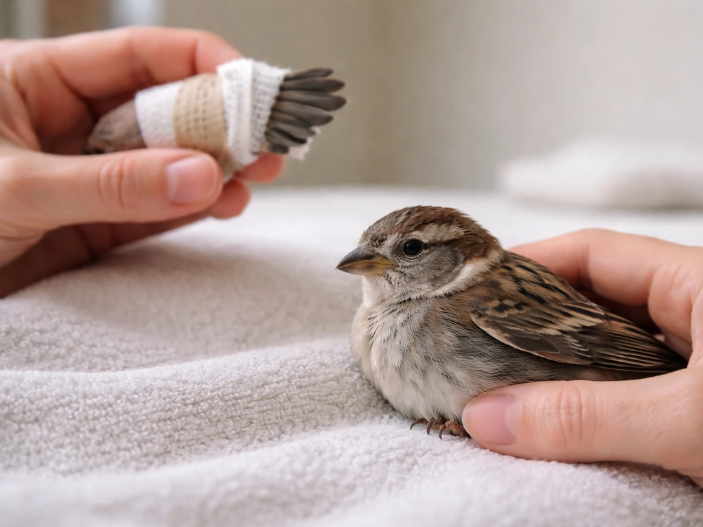 Injured bird on a towel with wing supported safely; a distant out-of-focus tight wrap example.