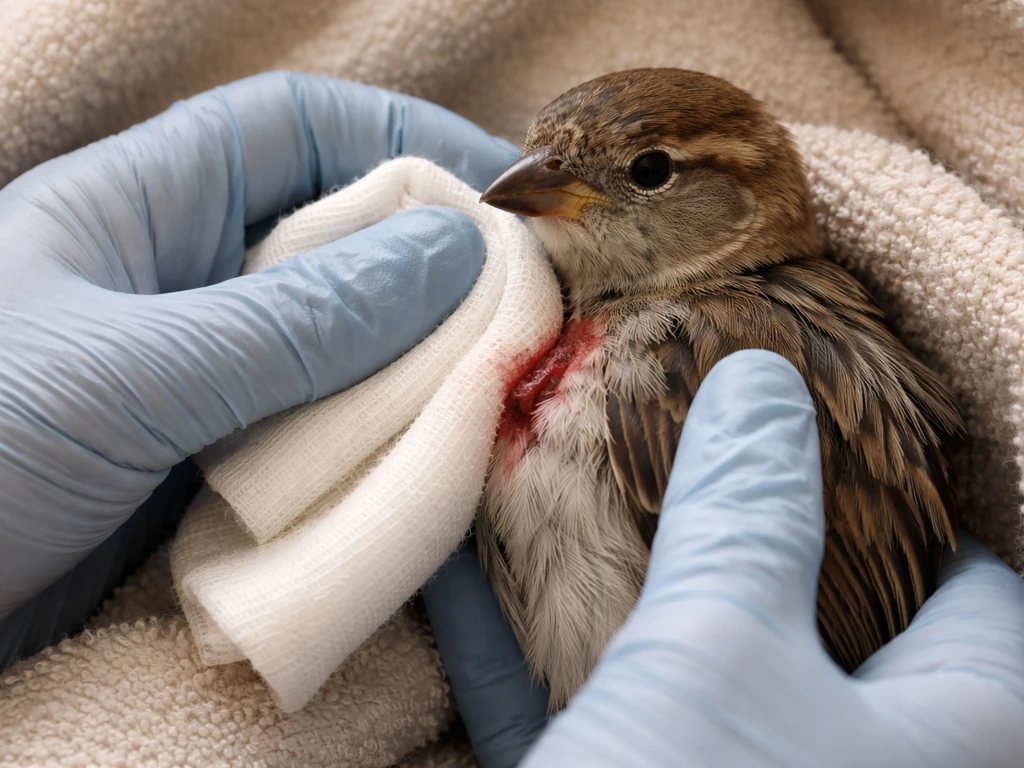 Gloved hands gently press gauze on a wild bird’s wing wound to control bleeding.