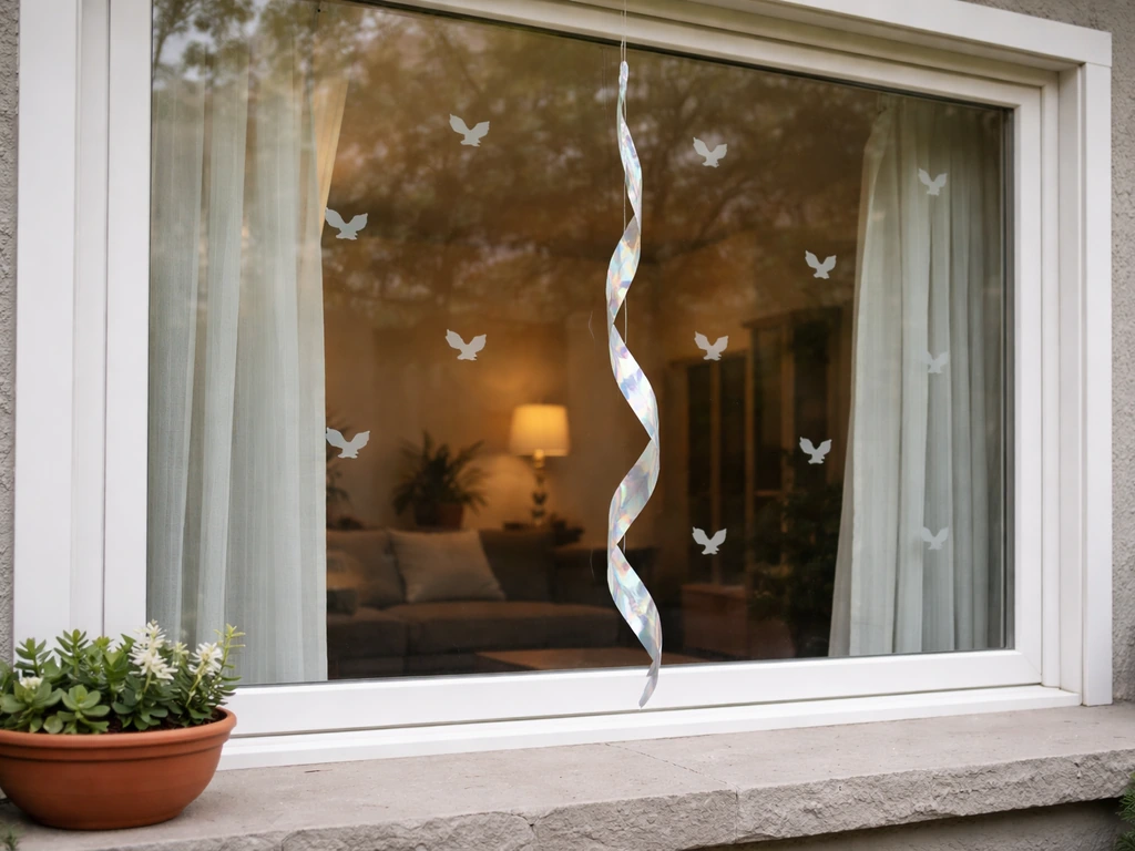 Home window with visible bird window-alert decals and a nearby bird-safe deterrent on a sill.