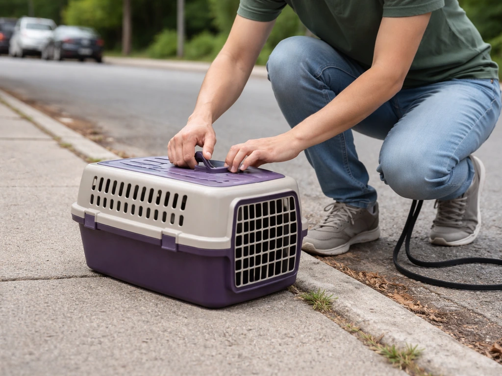 Volunteer securing a small ventilated carrier outdoors, keeping distance for an injured bird pickup