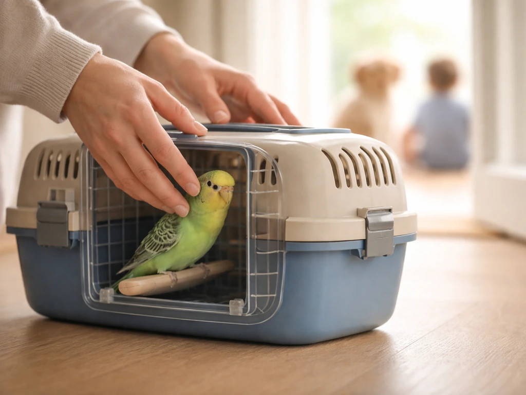 Hands place a small bird into a ventilated travel carrier while pets stay away in the background.
