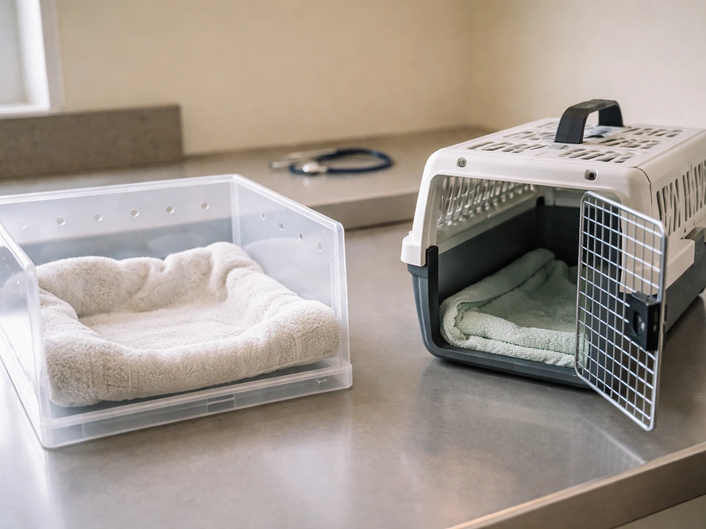 Towel-lined bird holding box with an open avian carrier in a quiet exam room