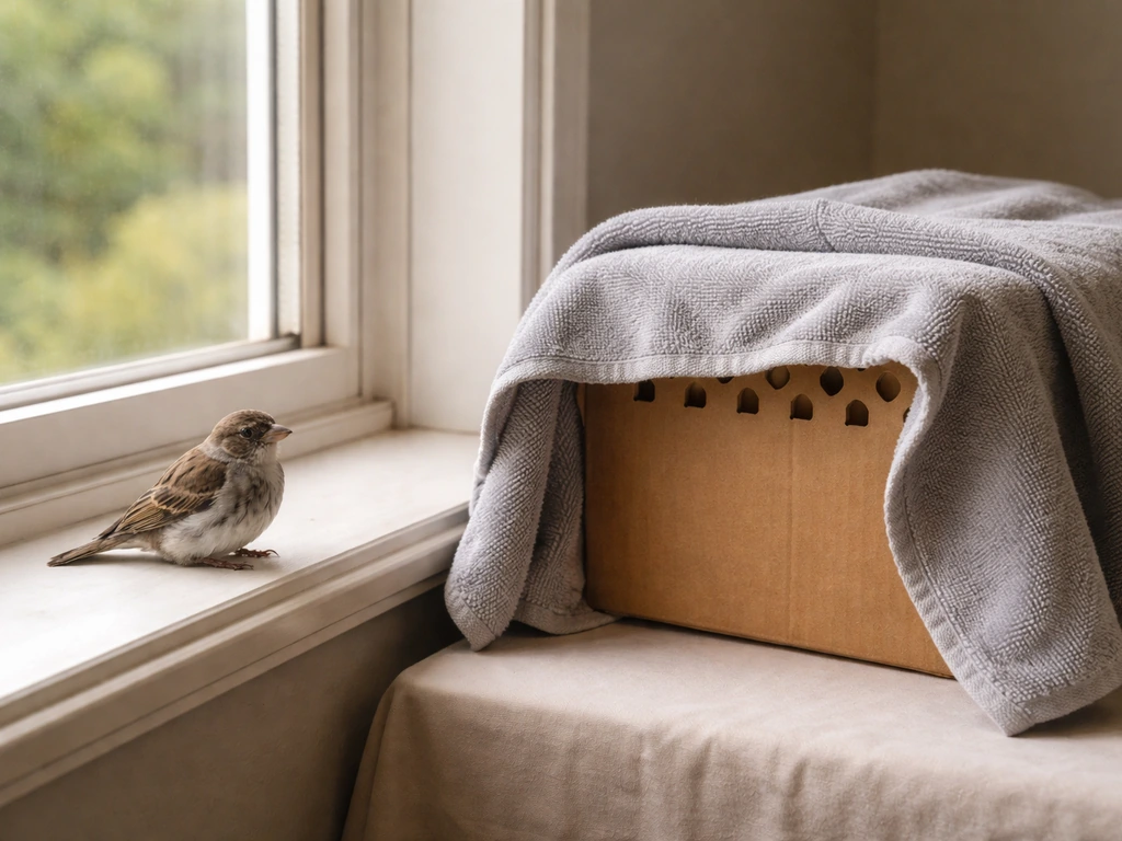 Stunned bird near a window with a covered towel carrier staged for urgent wildlife pickup