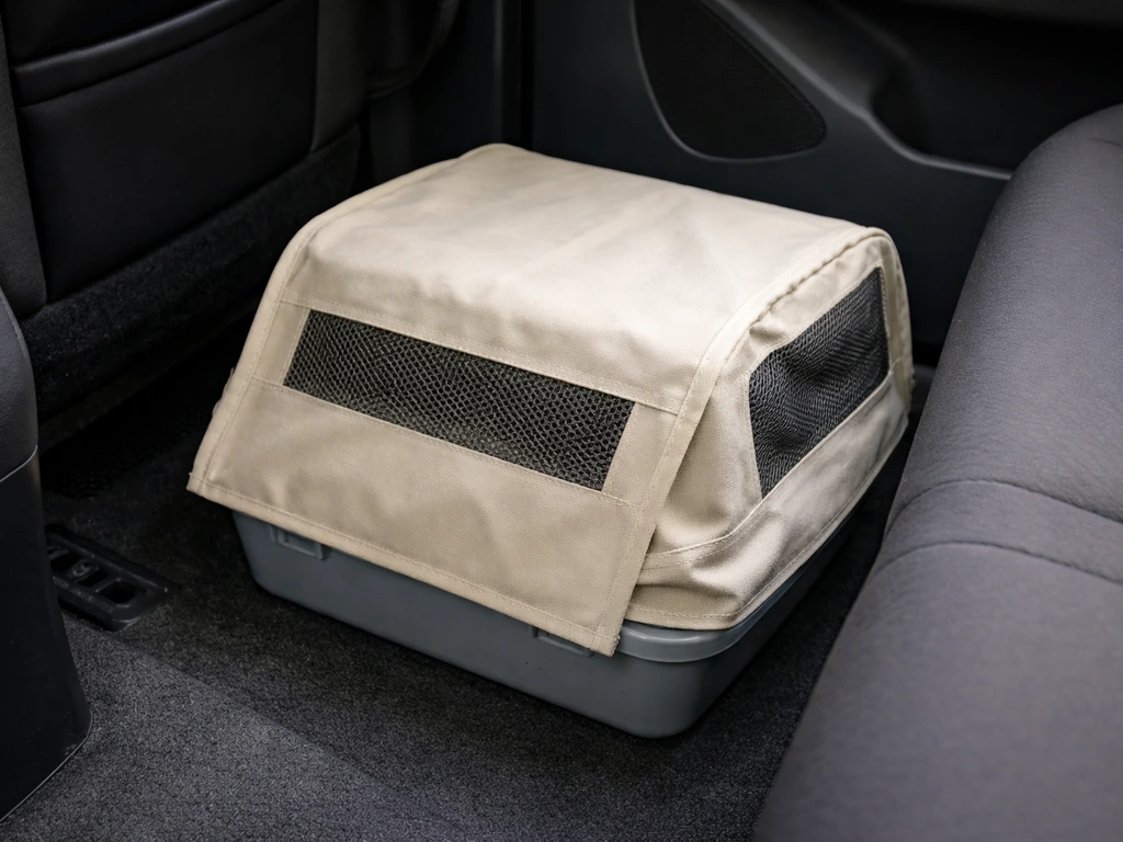 Bird carrier box closed and secured on the back-seat floor of a car, with ventilation visible.