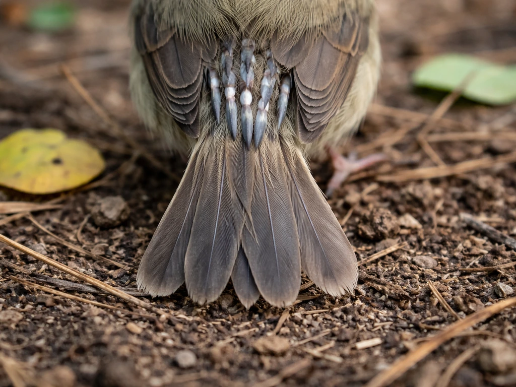Close-up of a bird’s tail with shed feathers and small regrowing pin feathers.