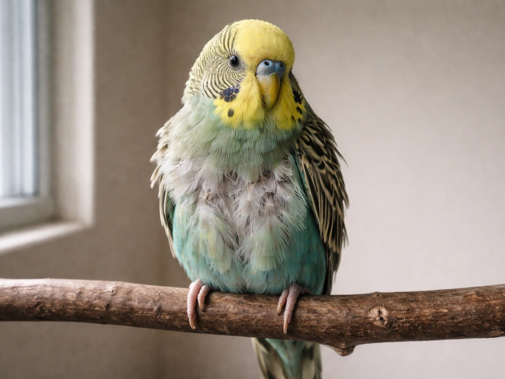 Calm captive parakeet with slightly ruffled and disturbed feathers on chest and back