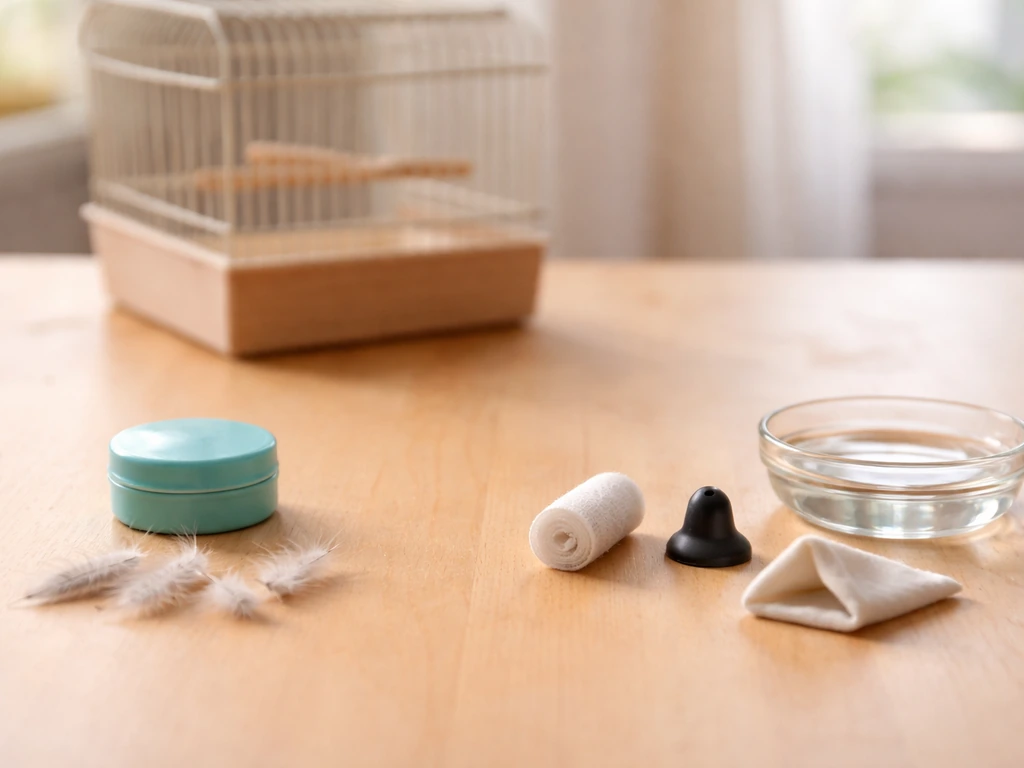 Tabletop with scattered feathers and small physical cues comparing normal molt vs emergency signs for a bird.