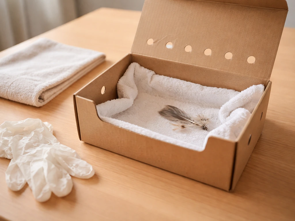 Small ventilated box holding container lined with soft bedding for an injured bird at home first-aid.
