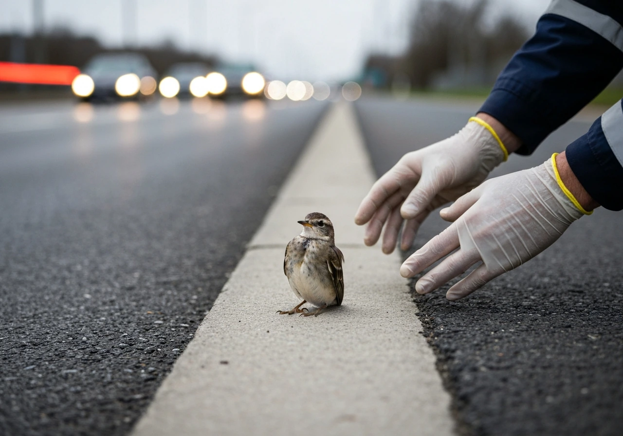 Small bird on the roadside shoulder in a safe, non-graphic emergency moment with traffic blurred in background.