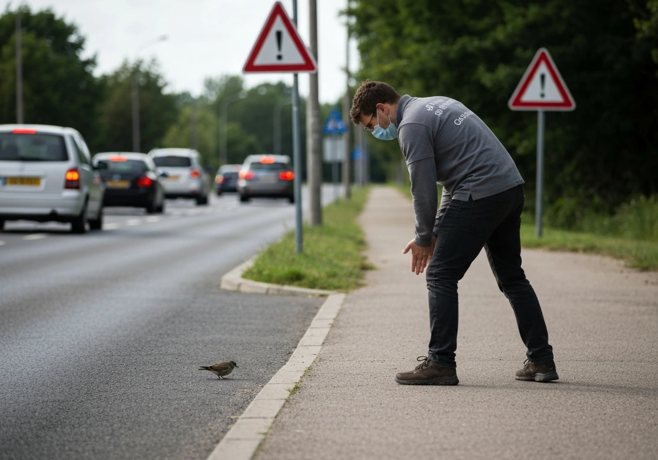 Anonymous rescuer safely behind roadside hazard triangle, looking at a small bird without touching it.