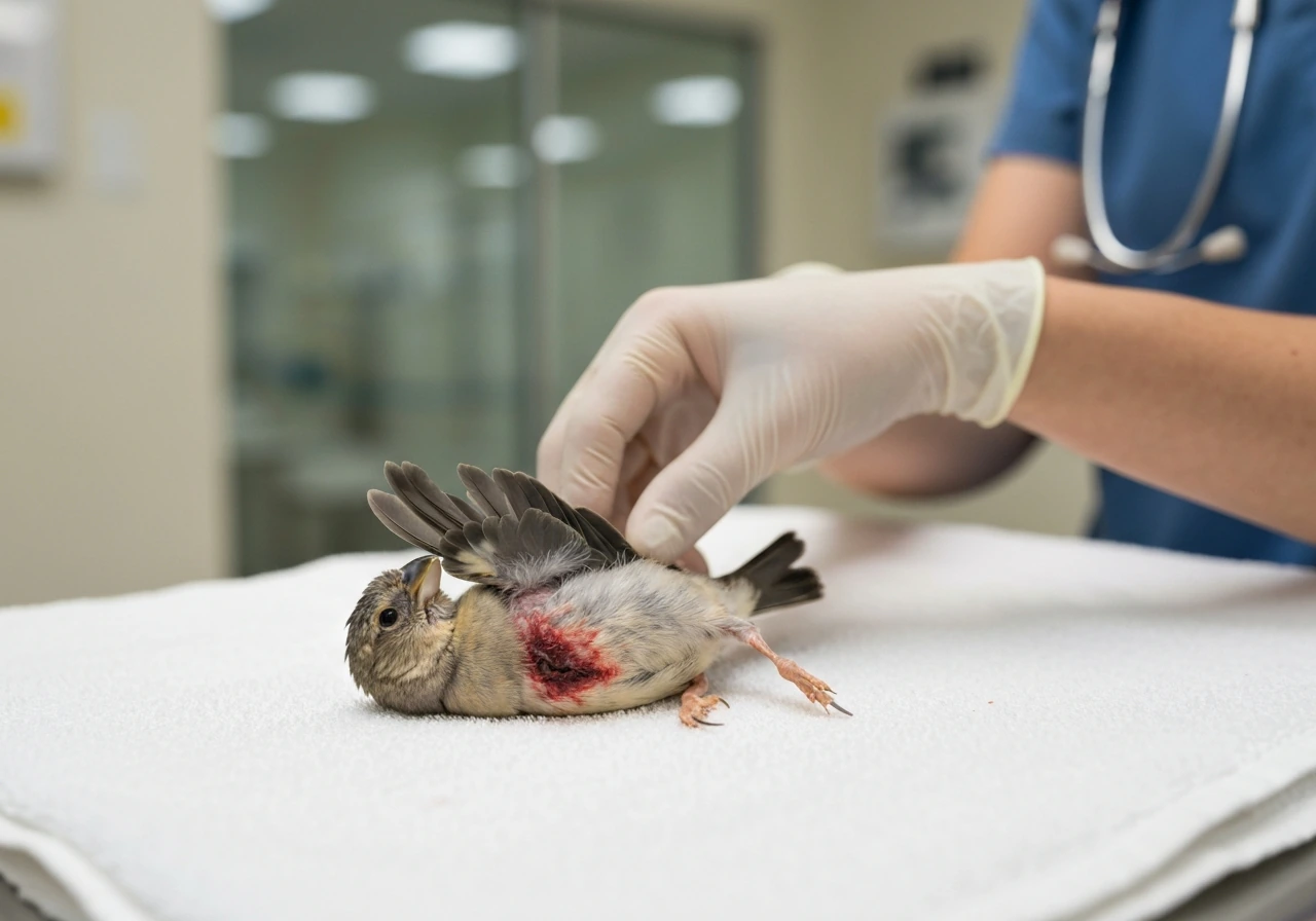 Injured small bird resting on a towel while a gloved veterinarian gently supports it in a clinic room.