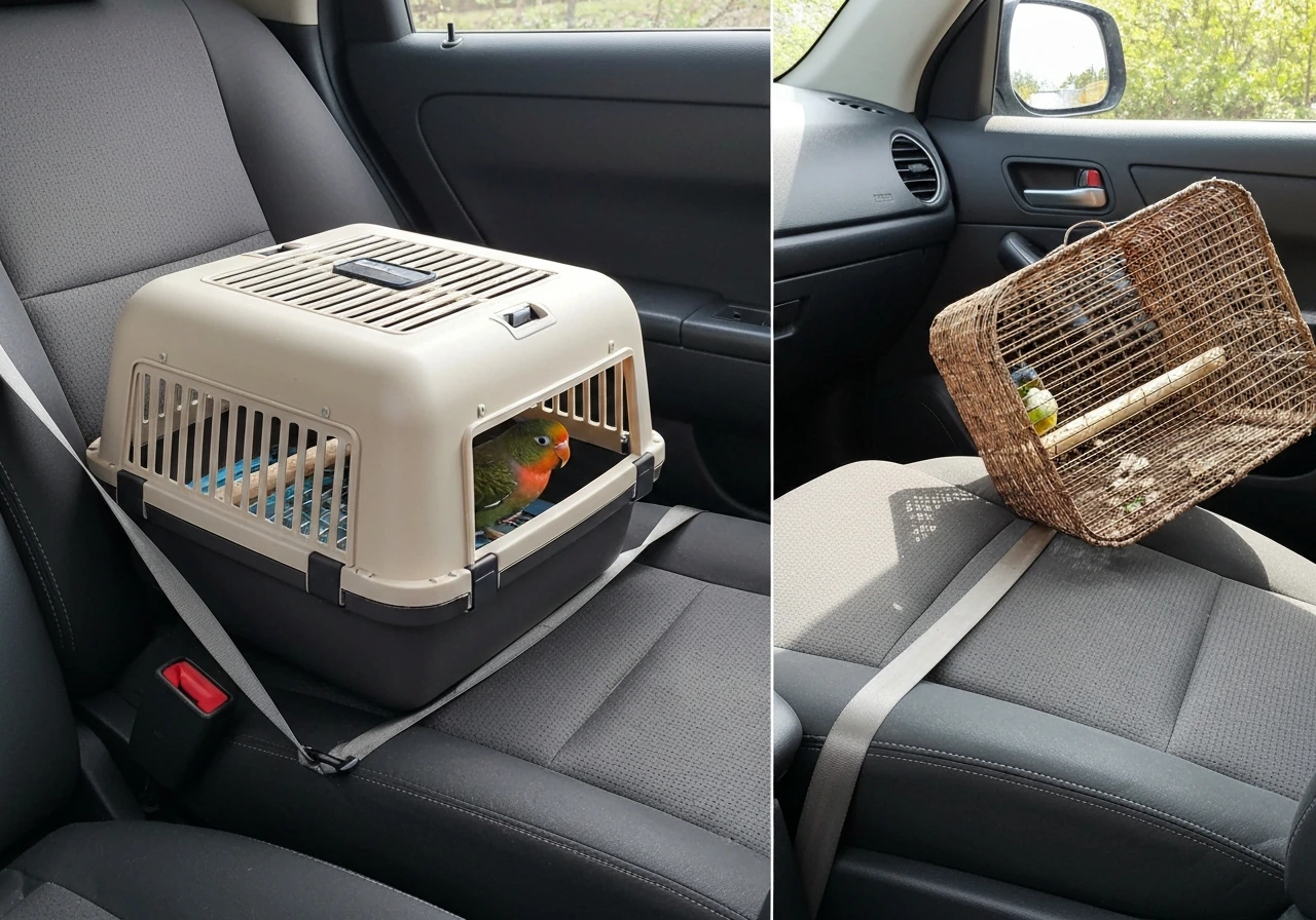 Car back seat with a secured bird carrier held by a seatbelt, contrasting an unsafe loose open container.