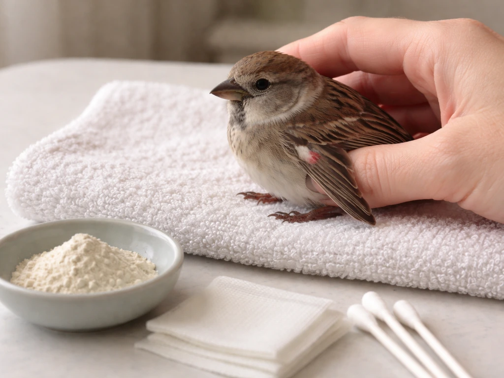 Small pet bird with a tiny blood-feather tip as a handler readies gauze and pale styptic powder.