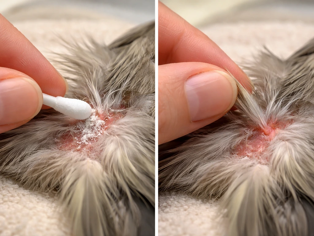 Two-panel close-up showing gentle styptic powder application versus pulling a pin feather worsening it