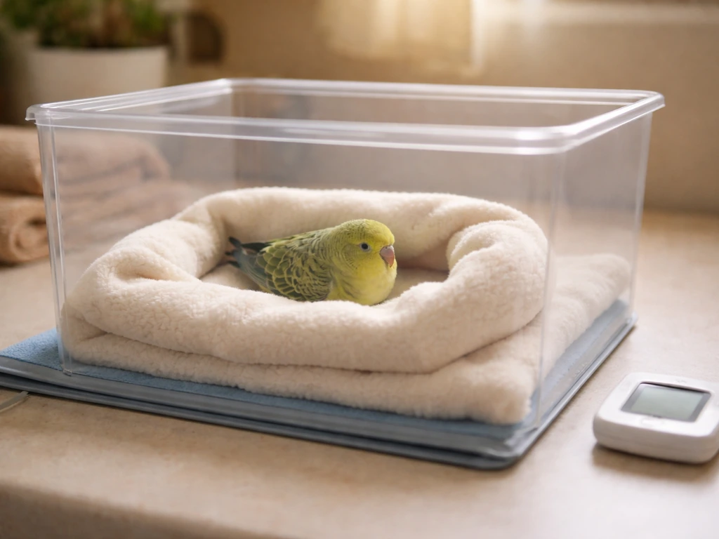 Warm home recovery enclosure with low heating pad, soft padding, and thermometer beside a resting bird.