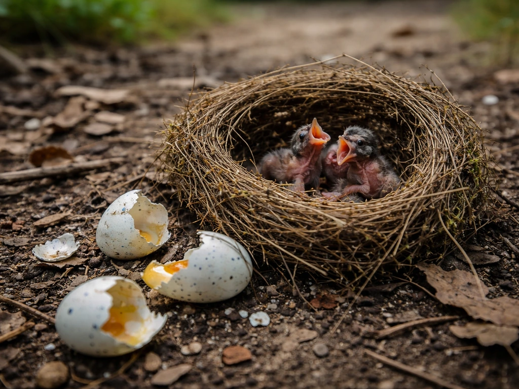 A small bird nest on the ground with broken eggs nearby, with potential hatchlings in view.