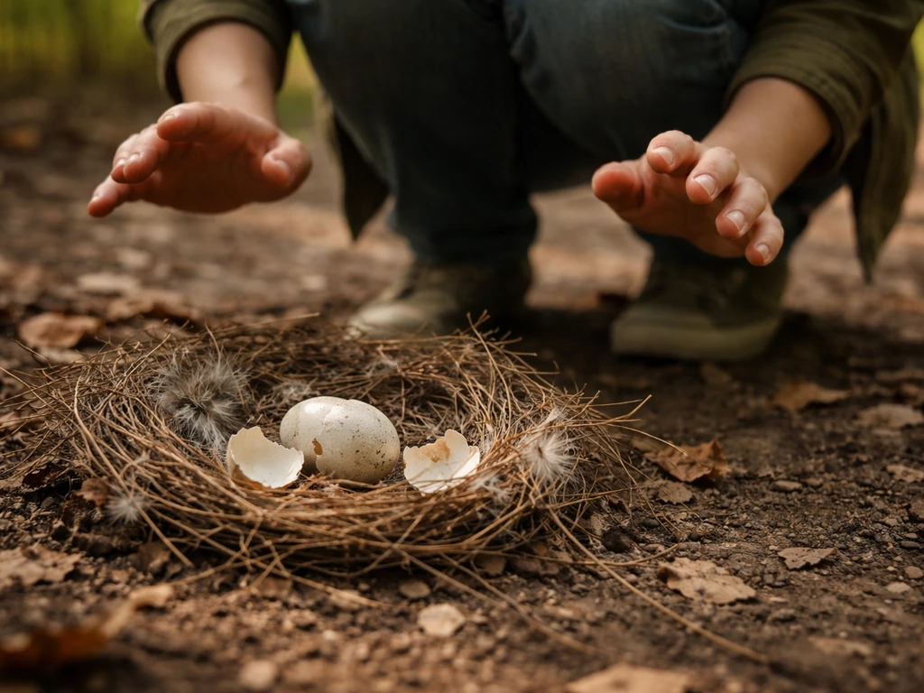 Ground-level view of a person assessing a fallen bird nest with broken egg shells and a warm cracked egg, hands back