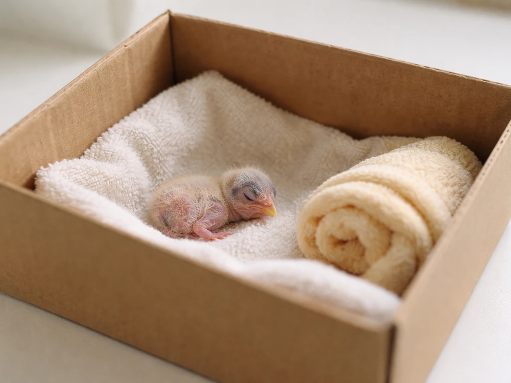 Small cloth-lined cardboard box with a warm cloth heat source and a hatchling resting inside.