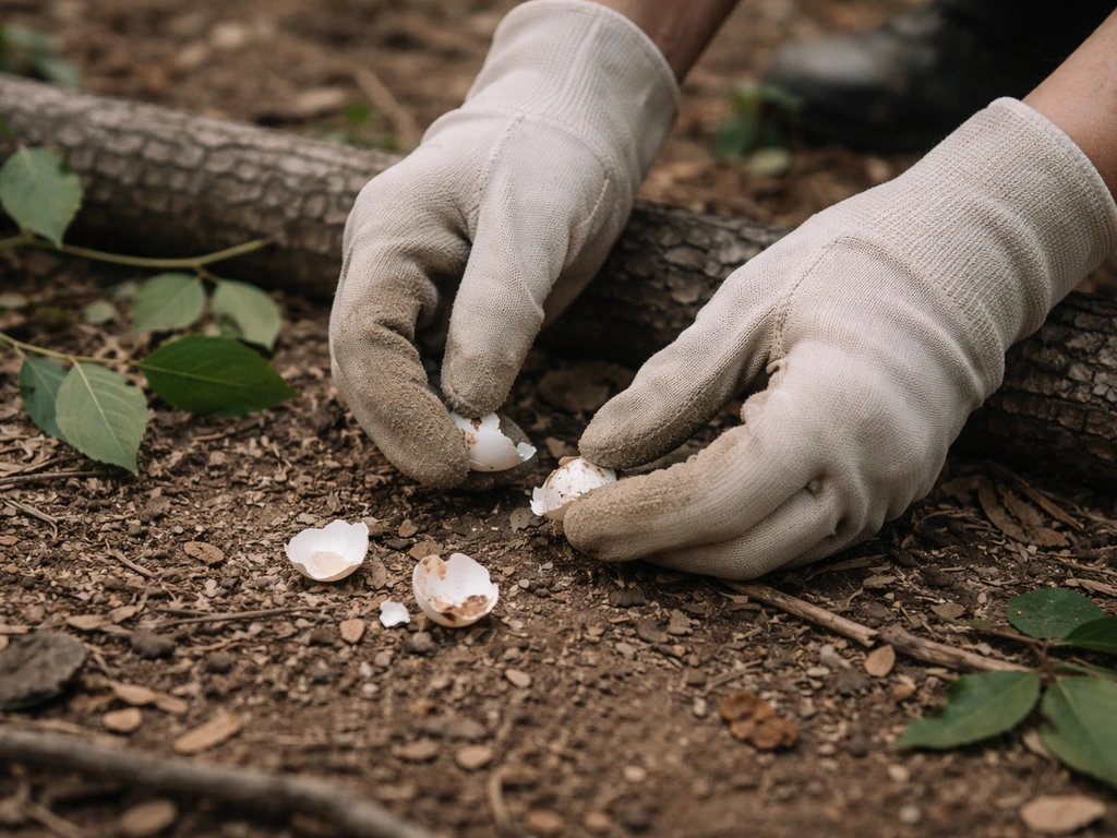Gloved person carefully inspecting broken eggshell fragments near a fallen branch on the ground