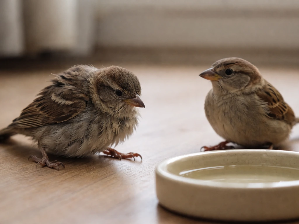 Two small birds side-by-side: one in a tense convulsive posture, the other calmly relaxed.