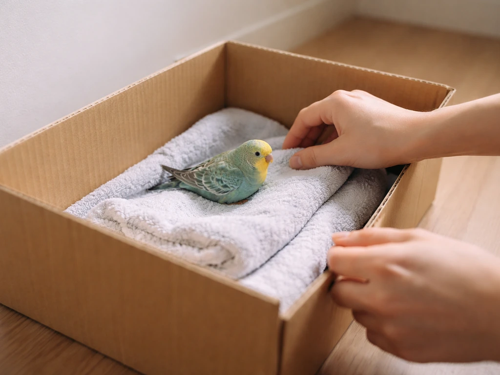 Soft bedding inside a lined box/cage with a small pet bird safely supported while a caregiver keeps hands steady.