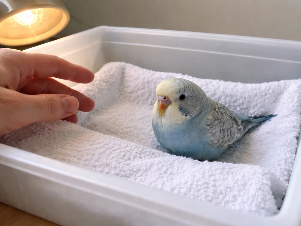 Small bird resting in a lined recovery box with a warm heat source nearby while a caregiver watches.