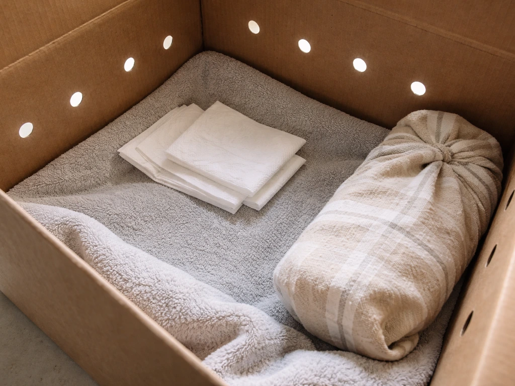 Ventilated cardboard pet carrier lined with towels and a wrapped warm water bottle inside for safe bird transport.