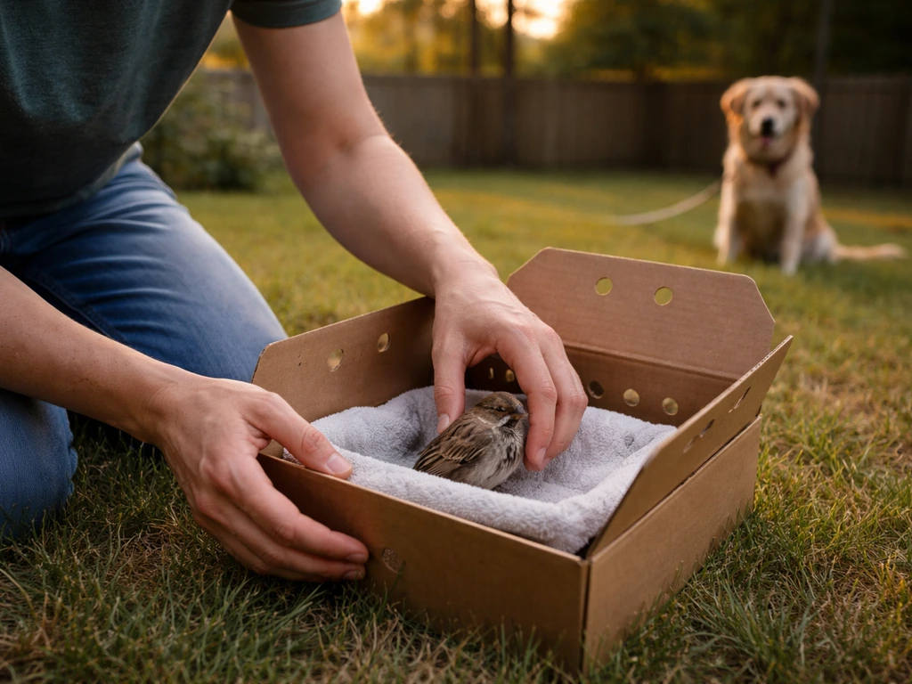 Person in yard gently placing an injured bird in a box while a leashed dog watches in background.