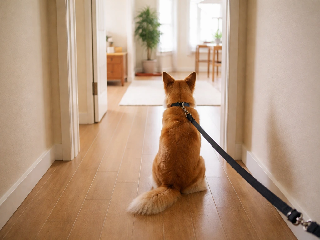 A leashed dog safely held indoors in a quiet room while a bird is out of reach
