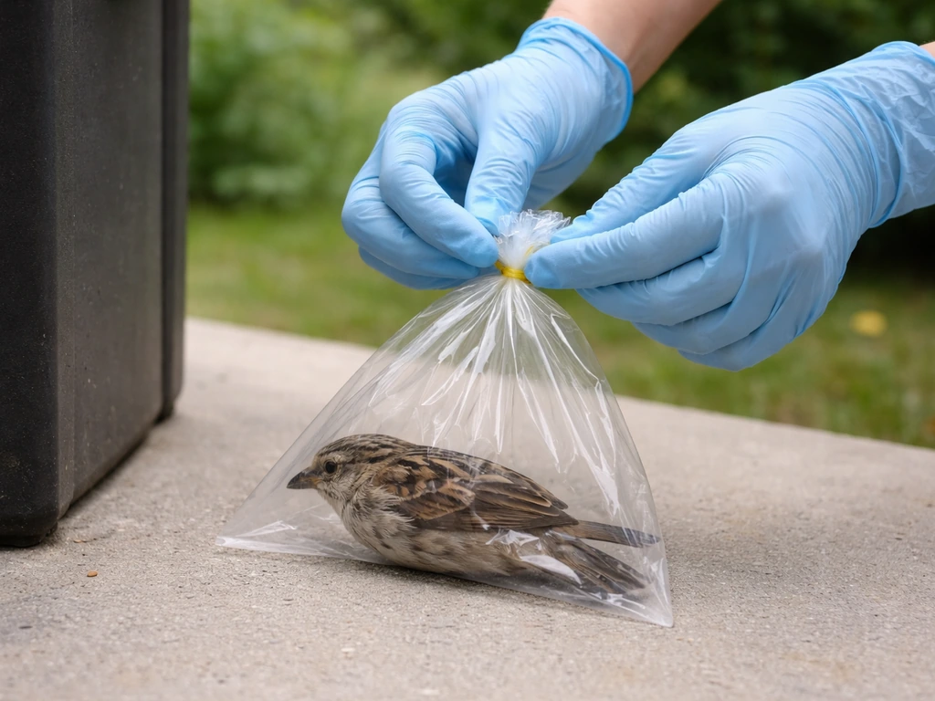 Gloved hands placing a small bird carcass into a sealed clear plastic bag beside an outdoor trash bin.