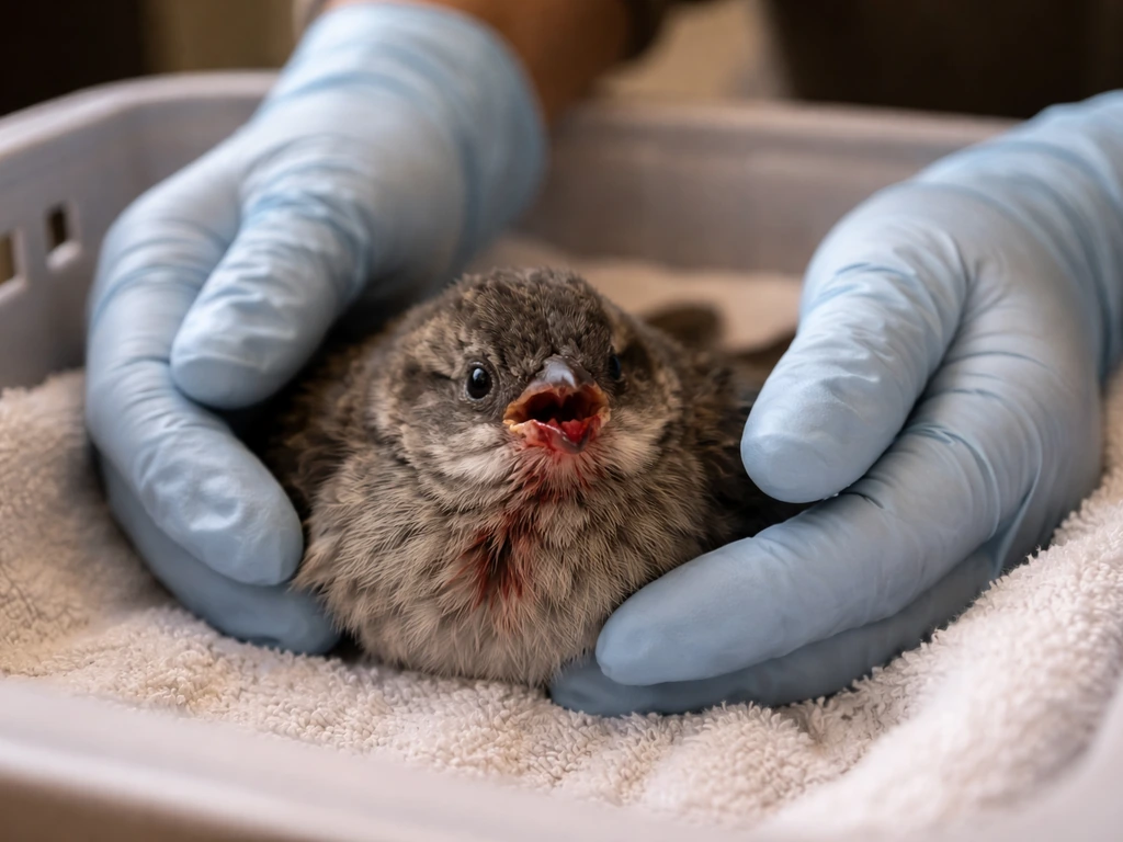 Small bird receiving urgent care in a quiet, well-lit setting with clear signs of distress
