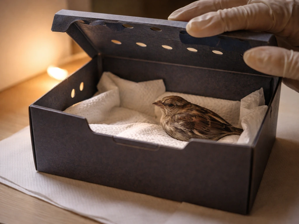 Small injured wild bird safely contained in a dark transport box, humane first-aid setting
