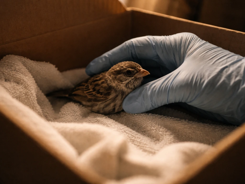 Gloved hands gently holding a small injured bird inside a dark, ventilated box