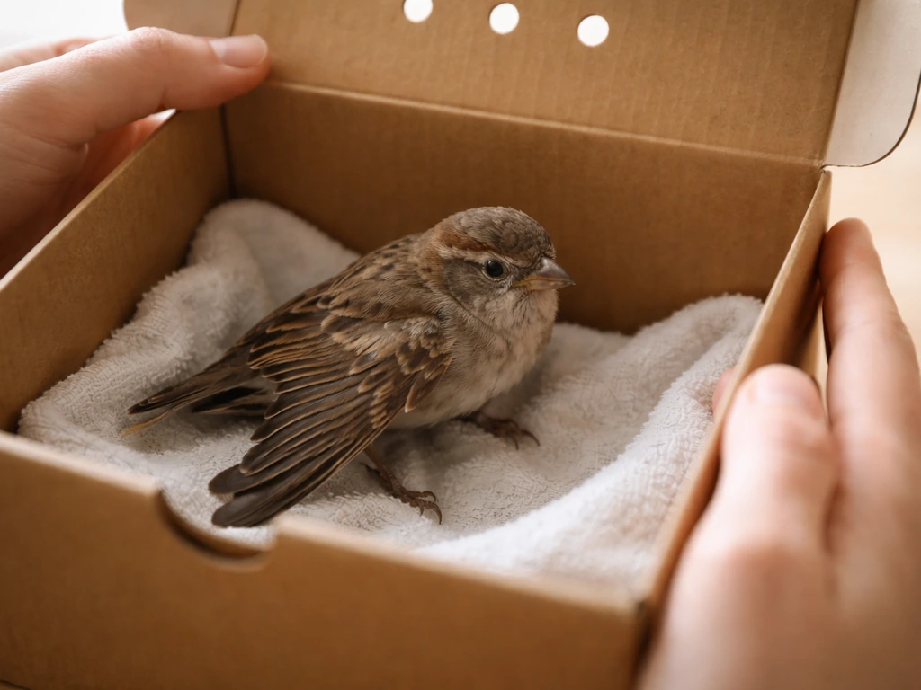 Injured bird with a drooping wing being gently held in a small container, suggesting no DIY splinting.