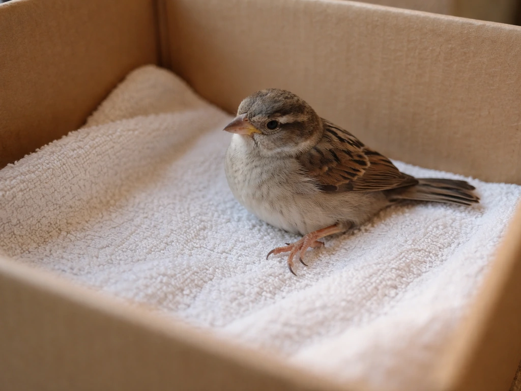 Injured bird safely contained in a lined box, one leg held abnormally for support
