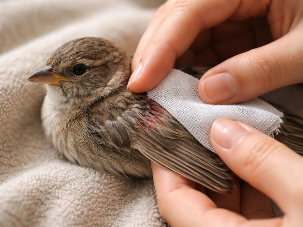 Close-up of a hand applying gentle gauze pressure to a small bird’s wing to stop bleeding.