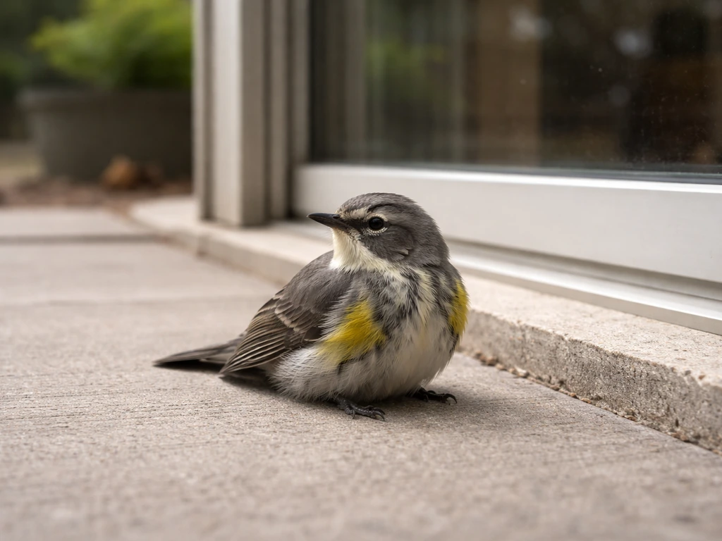 Small wild bird dazed on the ground near a window after hitting the glass