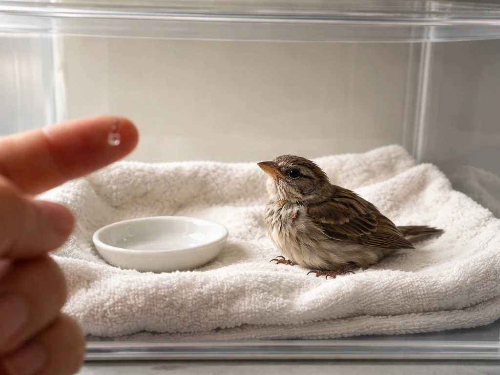Injured bird in a recovery box while a hand holds a water drop, clearly discouraged