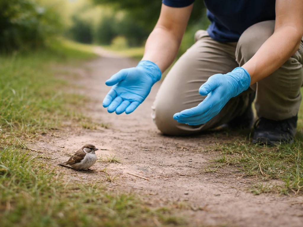 Gloved rescuer kneeling calmly outdoors near a small injured bird, ready to approach safely.
