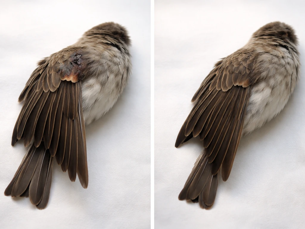 Two isolated bird wings on a neutral background showing drooping vs abnormal angle and mild bruising