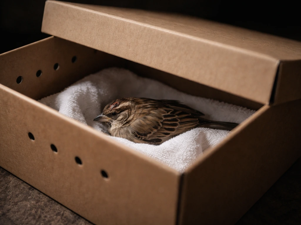Injured bird resting in a ventilated cardboard box with lid in a dark, quiet setting