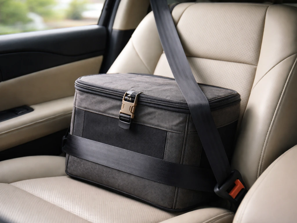 A secured warm pet carrier box with lid closed on a car seat during bird transport.