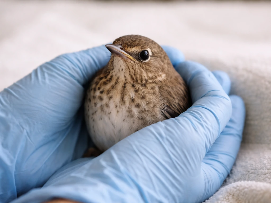 Gloved handler gently holds a small rescued bird while observing subtle chest breathing.
