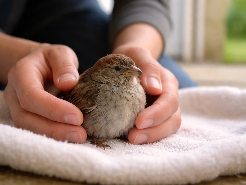 Caregiver crouched beside an injured bird, watching gentle chest movement in natural light.